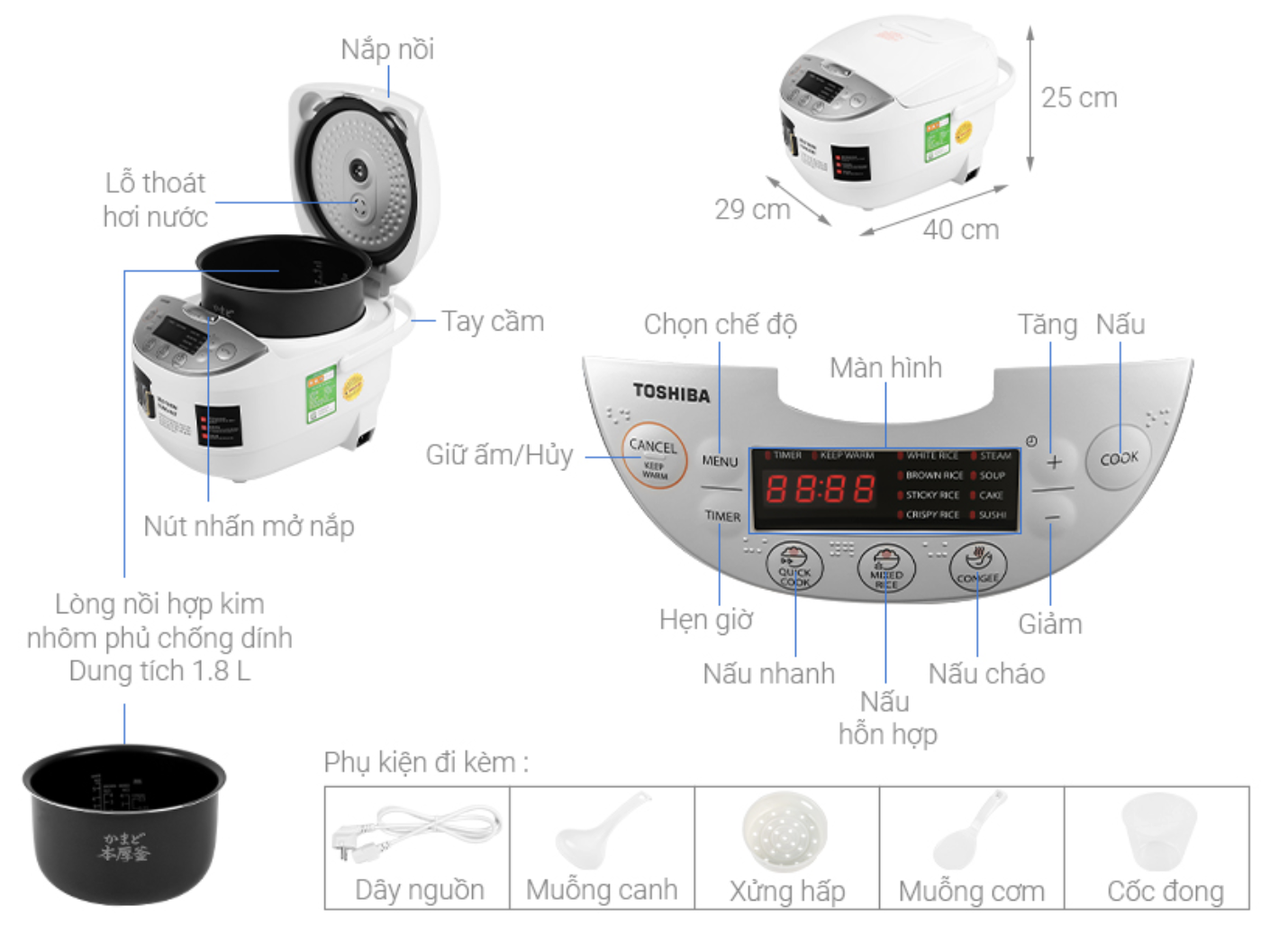 Nồi cơm điện tử Toshiba 1.8 lít RC-18DH2PV(W)